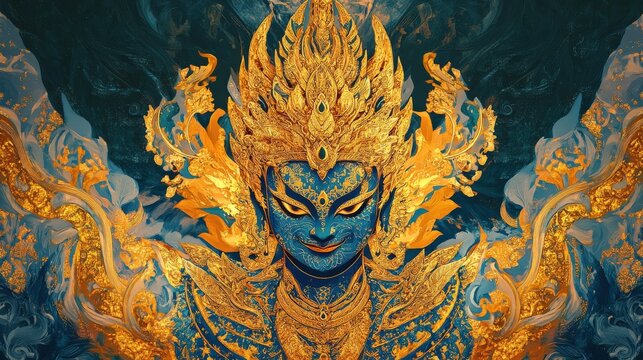 A vibrant image of a mythical Thai kinnara adorned with golden leaf and intricate patterns