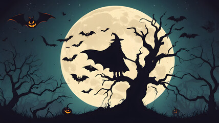 Halloween horizontal banner with vector logo. The inscription with ominous tree branches, bats a horror witch and devils on a background of the full moon.
