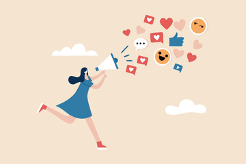 PR, public relation or marketing communication, advertising campaign or social media marketing, online promotion or email newsletter concept, young woman PR speak on megaphone on social media.