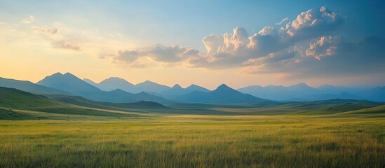 Sunset over grassy plains, mountain backdrop, peaceful scene