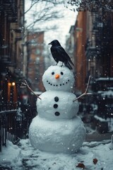 Naklejka premium Black Bird on Snowman