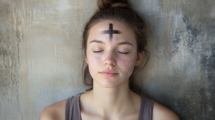 Fototapeta premium Ash wednesday portrait of young woman with ash cross on forehead religious lenten season spiritual observance