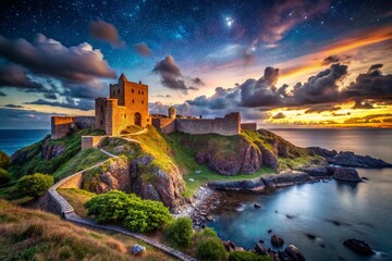 Obraz premium Majestic Hammershus Castle at Dusk on the Danish Island of Bornholm A Stunning LowLight Capture of a Historic