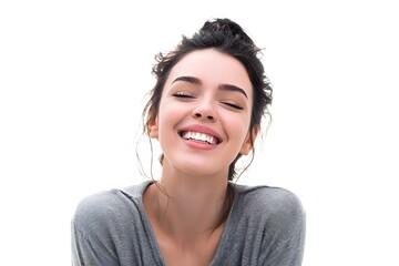 A captivating portrait of a joyful woman radiates pure, genuine happiness. Her serene expression, with closed eyes and a radiant smile, encapsulates inner peace and contentment.