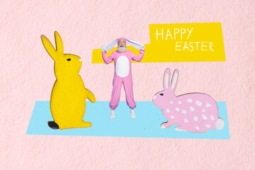 Composite image montage artwork 3D collage of aged man rabbit costume stand hand hold ears seasonal...