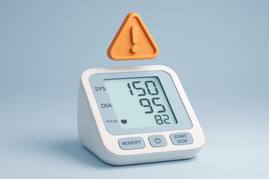 Hypertension Warning: A modern digital blood pressure monitor displays elevated readings, underscored by a prominent alert symbol, symbolizing a critical health concern. - Powered by Adobe