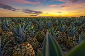 A surreal pineapple field, the plants large and alien-like, under a sky painted with the colors of the sunset.