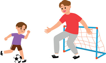Son and dad playing soccer together, outdoor activity, character vector