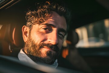 A man with a beard and curly hair smiles subtly from inside a car, bathed in warm, golden sunlight.