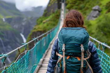 A young woman with long brown hair walks across a scenic suspension bridge, wearing a teal backpack amidst lush green mountains and waterfalls. Walking the Edge of Possibility