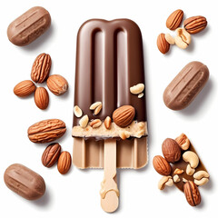 Chocolate popsicle with nuts, clean package isolated on white background.  