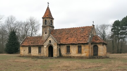 Naklejka premium Abandoned stone chapel in a field