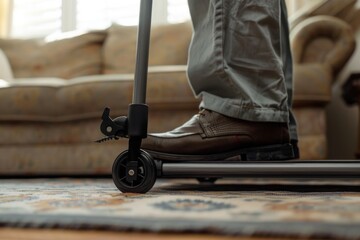 Closeup of Feet Using Walking Aids in a Living Room, senior using walker equipment with assist