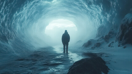 Fototapeta premium Adventurer Exploring Mystical Glacial Ice Cave with Majestic Blue Interiors