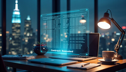 Futuristic workspace with a holographic display showing data, laptop, and coffee in a city skyline setting at night for advanced technology, digital work environment, and urban innovation