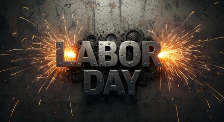 Labor Day celebration featuring sparks and metallic text  