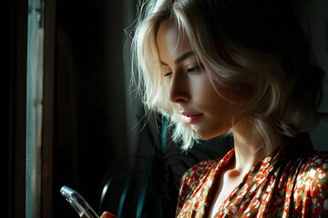 A portrait of a woman with short blonde hair intently focused on her phone, bathed in the soft light of a room. The portrait exudes an air of thoughtful concentration. 
