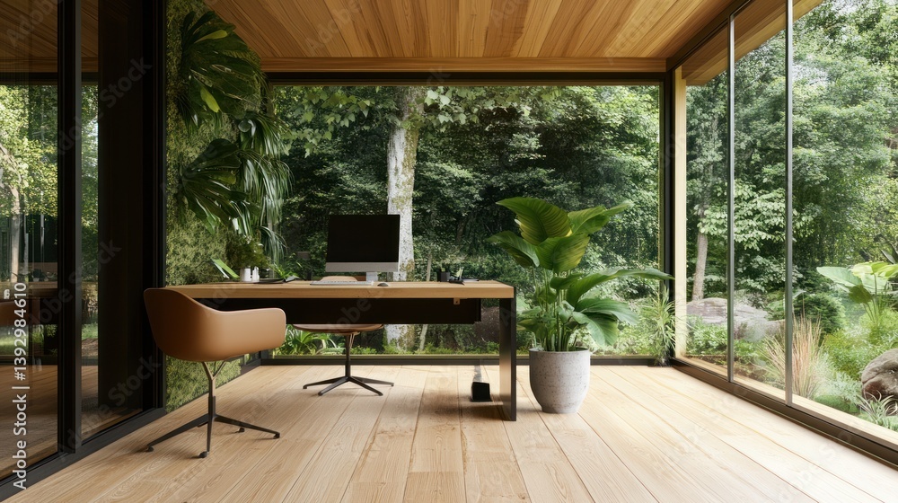 Poster modern workspace design with nature views offering serenity and productivity
