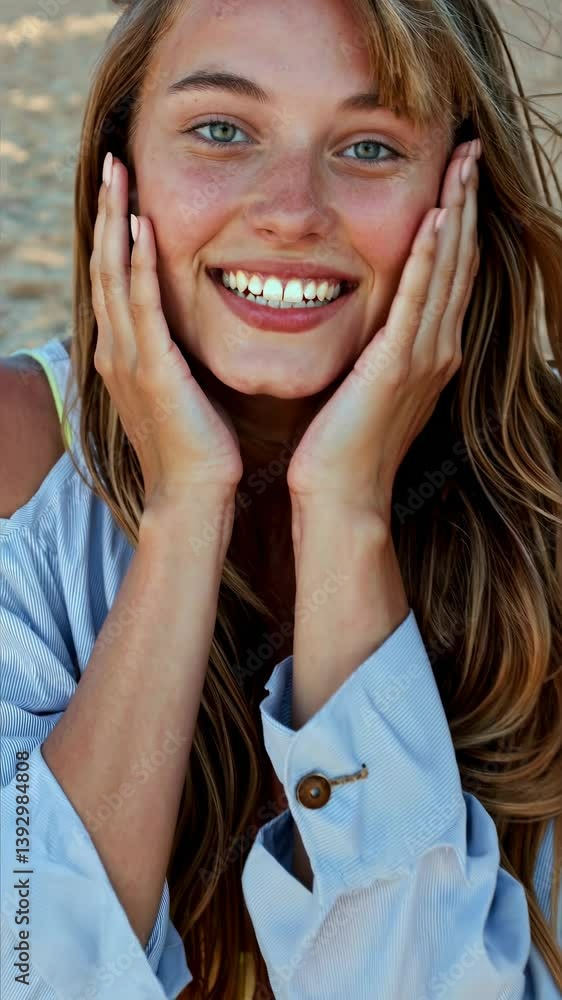 Poster close-up portrait of a smiling person with hands on cheeks, shot from a front angle, capturing a can