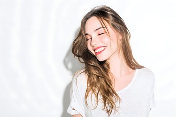 Fototapeta premium A radiant woman with long, flowing hair exudes pure joy, captured in a simple and elegant portrait, showcasing genuine happiness.