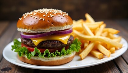 Delicious cheeseburger served with crispy fries on a plate for a burger day  