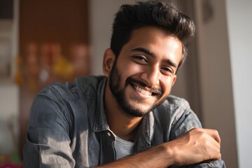 A portrait of a handsome, smiling man, his eyes sparkling with genuine happiness and confidence. The image captures a moment of authentic joy and warmth, radiating positivity.