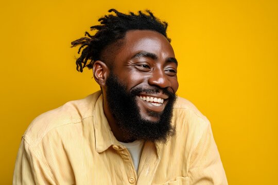 A vibrant studio portrait of a man, exuding joy and positivity, his bright smile is infectious. Set against a bold yellow backdrop.