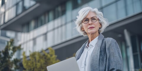 An older woman with grey hair, wearing glasses and a blazer, holding a laptop in her hands and looks thoughtfully into the distance.