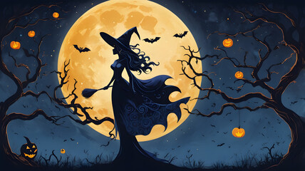 Halloween horizontal banner with vector logo. The inscription with ominous tree branches, bats a horror witch and devils on a background of the full moon.