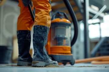 Close up of male using dust removal with modern vacuum cleaner. Construction cleaning service