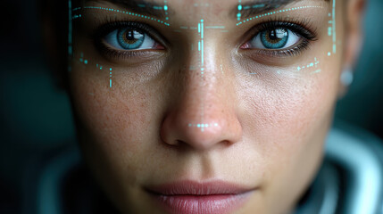 Female avatar customization in a virtual studio with sci-fi aesthetics and advanced facial tools
