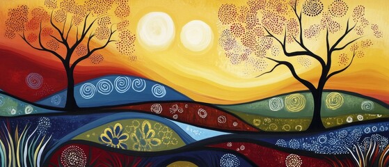 Colorful landscape painting with trees hills sun and abstract patterns.