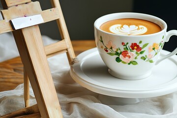 Artistic Mother's Day morning with a cake painted with edible floral art and a porcelain cup of artisan coffee on an easel-like table.
