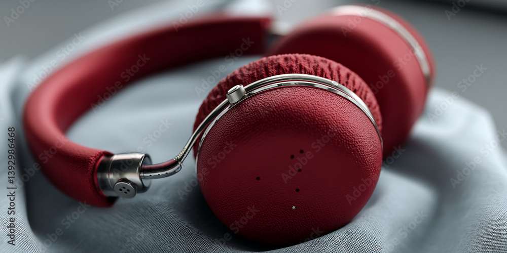 Poster close-up of red headphones with textured earcups and metallic accents resting on light-gray fabric, 