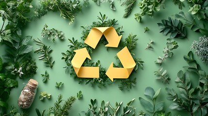 A recycling symbol surrounded by green leaves on a green background
