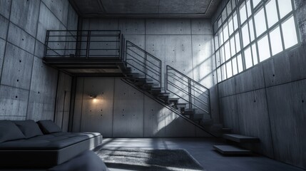 Minimalist urban loft with concrete textures and metal highlights 