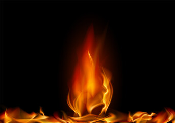 Fiery realistic flames with vivid orange and red hues on a black background