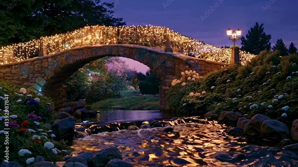 Poster a magical evening scene video with a low-angle view of a stone bridge adorned with twinkling lights,