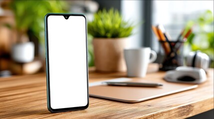 Smartphone displaying blank screen home office digital device modern environment close-up view technology concept