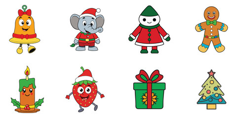 Christmas Cartoon Characters Icon Set – Bell, Elephant, Elf, Gingerbread, Candle, Strawberry, Gift, Tree