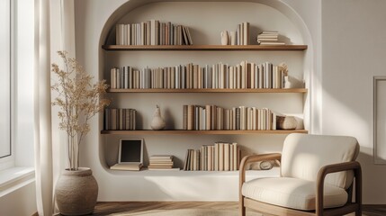 Minimalist book wall with organized shelves and calming tones 