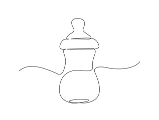 Baby milk bottle in single line draw illustration. Continuous one line drawing of baby feeding bottle. Editable stroke.