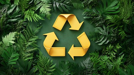 A yellow recycle symbol is surrounded by green foliage and leaves