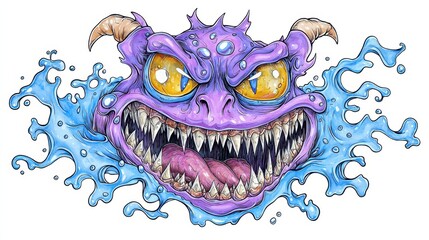 Naklejka premium Whimsical Purple Monster with Blue Water Splatter Illustration