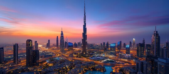Naklejka premium Dubai Skyline at Dusk, Cityscape, Aerial View, Tourist Destination