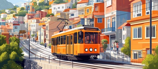 Fototapeta premium Vibrant Tram in Colorful European Cityscape
