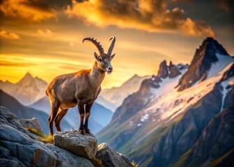 Obraz premium Majestic Ibex Gazing Across a Mountain Peak A Stunning Capture of Alpine Wildlife in Pristine Scenery
