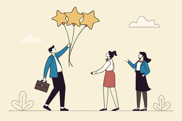 Evaluation, employee appraisal, rating or feedback, stars quality or excellent job, assessment or year end review, giving rating or performance review concept, businessman manager give 5 stars rating.