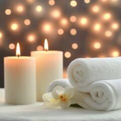 A serene spa setting featuring white candles, rolled towels, and an orchid, creating a calming atmosphere with soft glowing lights in the background.