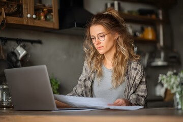 A woman studies documents while working on a laptop at home. A woman is in front of a computer